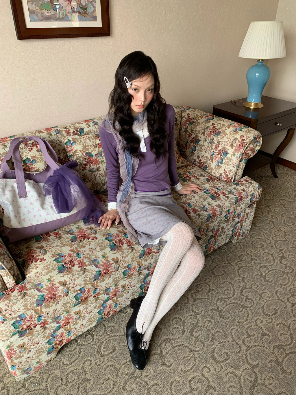 Purple Floral Knit Top and Gray Skirt Set
