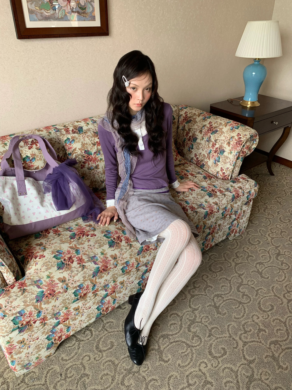 Purple Floral Knit Top and Gray Skirt Set