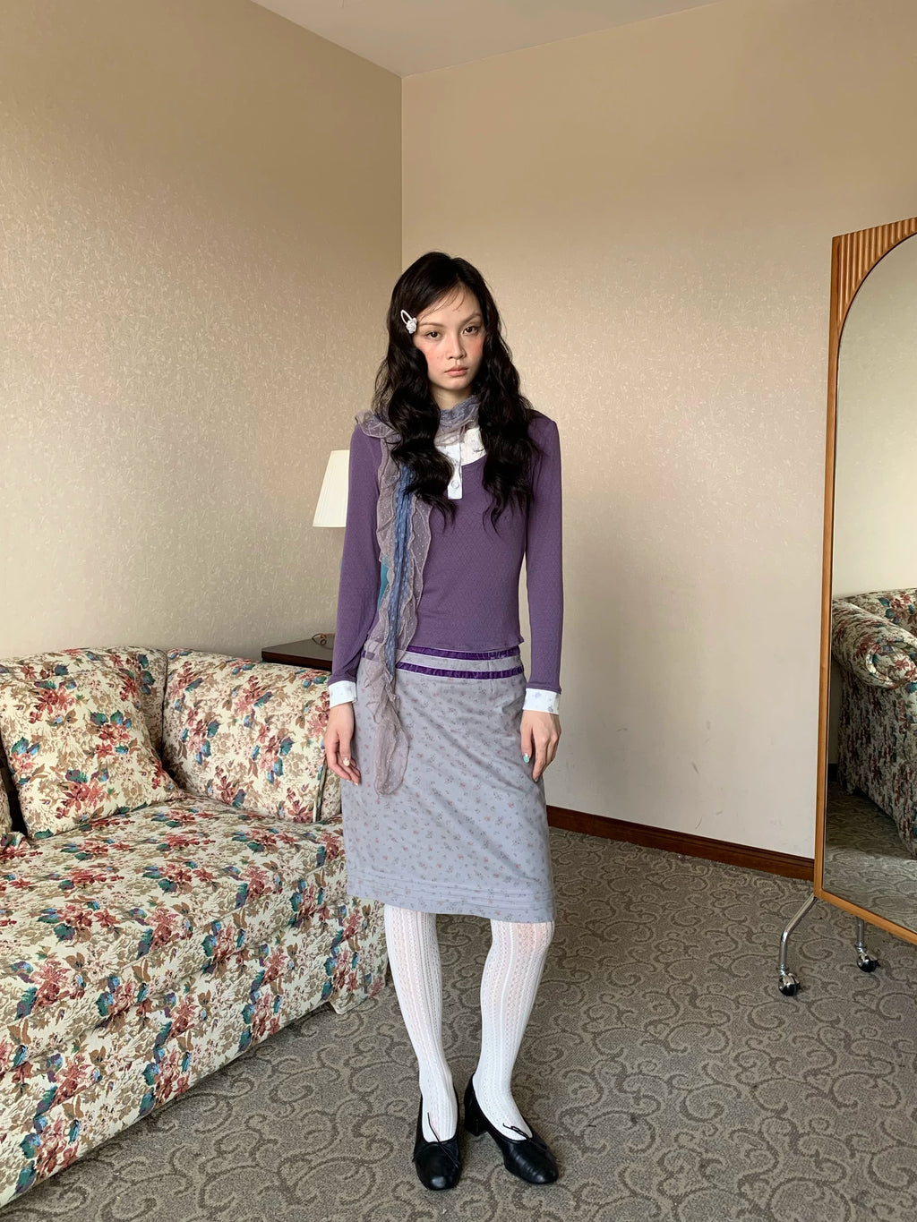 Purple Floral Knit Top and Gray Skirt Set