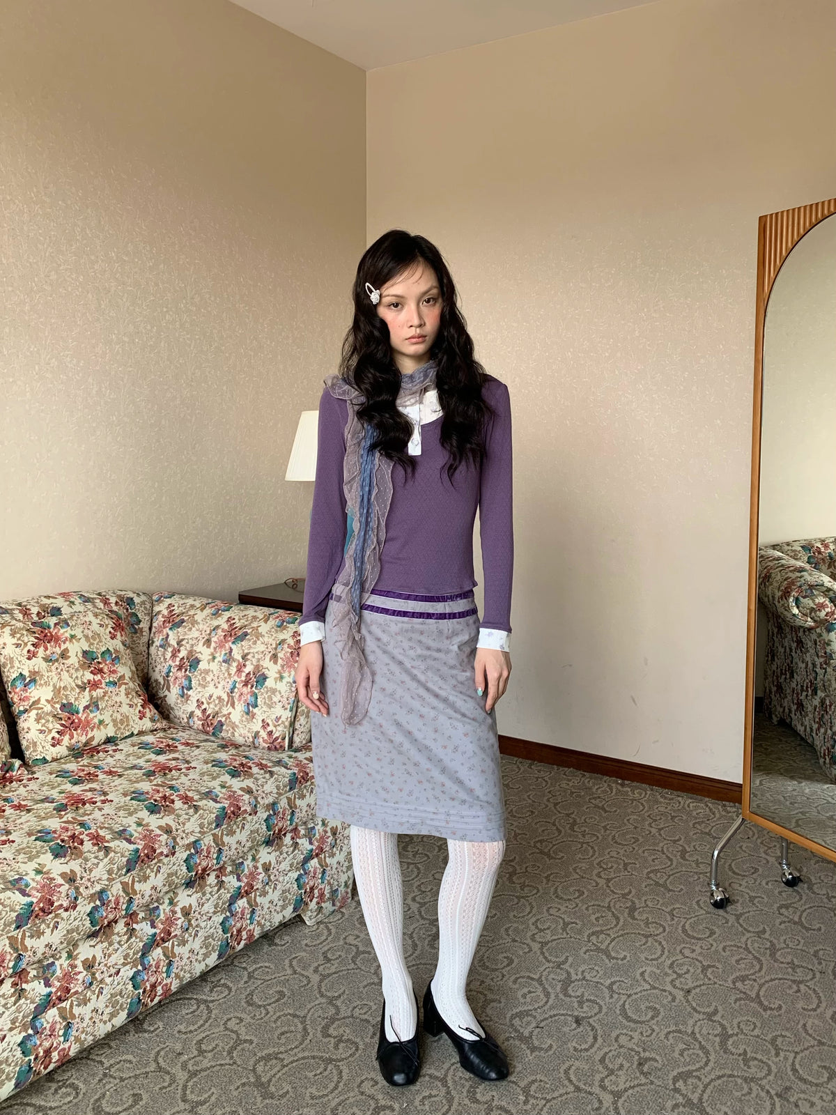 Purple Floral Knit Top and Gray Skirt Set