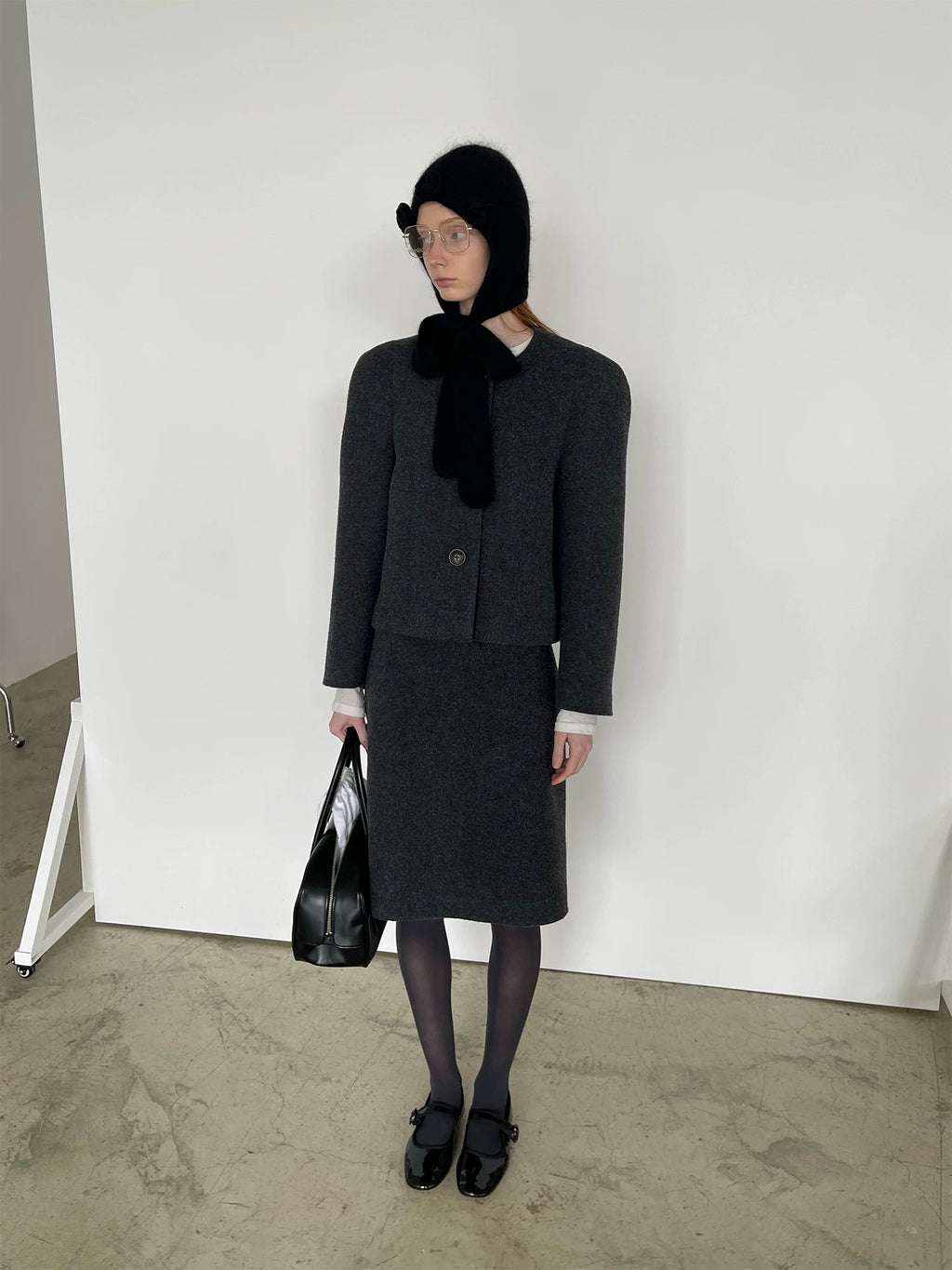 Deep Gray Tweed Highwaist Long Skirt