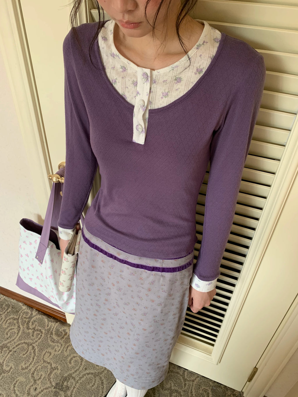 Purple Floral Knit Top and Gray Skirt Set