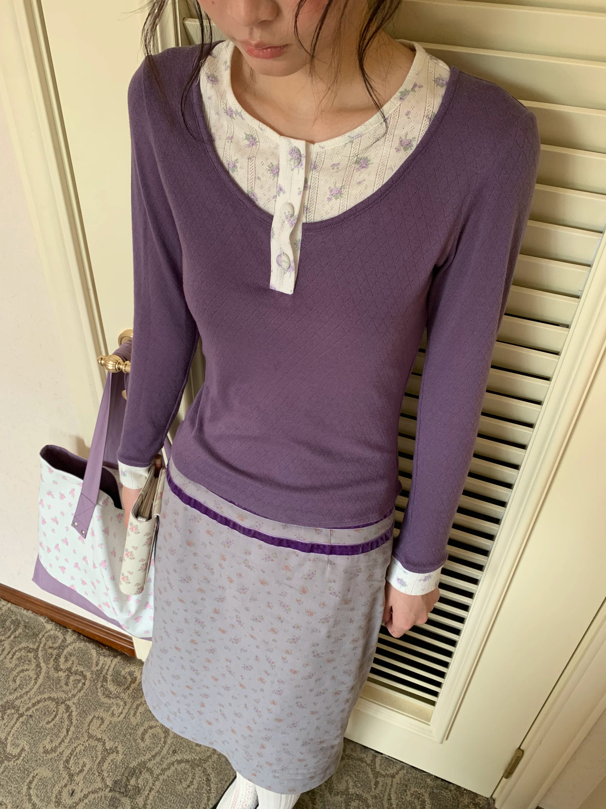 Purple Floral Knit Top and Gray Skirt Set