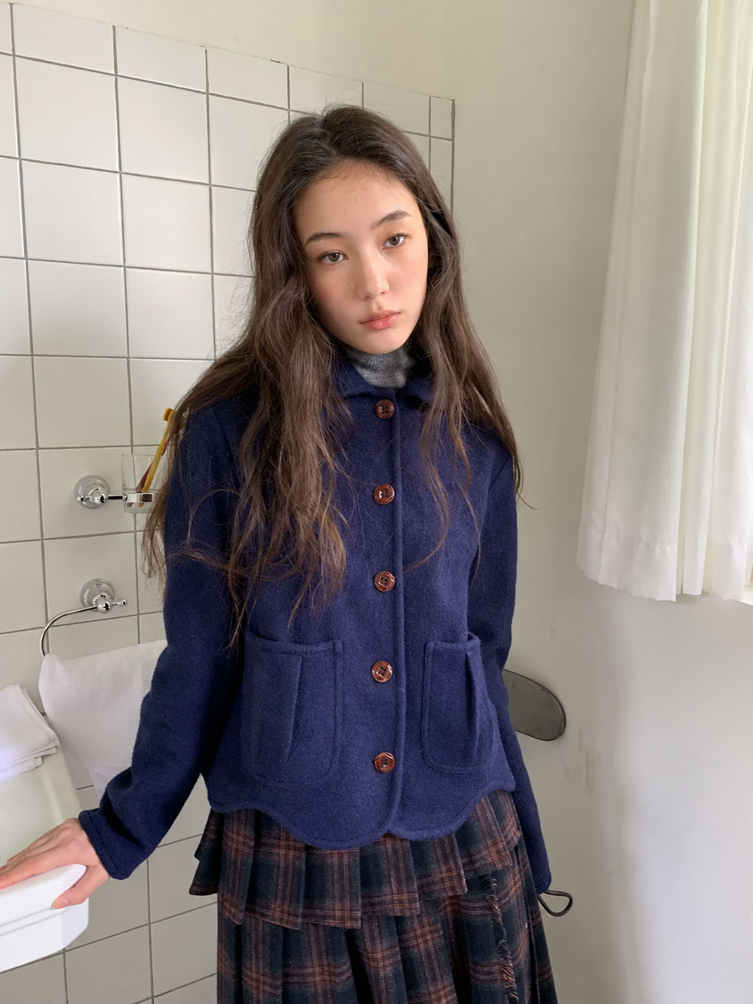 Wool Cotton Blend Collared Cropped Jacket