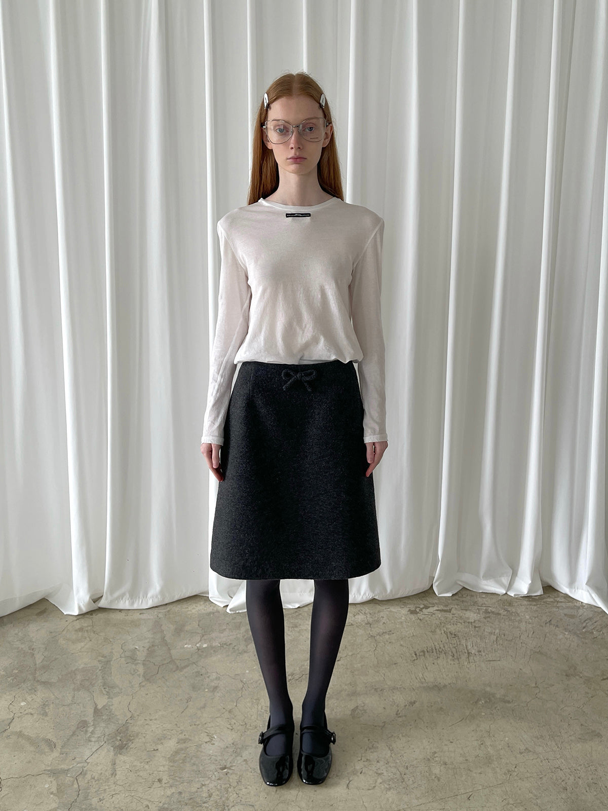 PFF GIRL Deep Gray Tweed Ribbon Highwaist Straight Fit Long Skirt