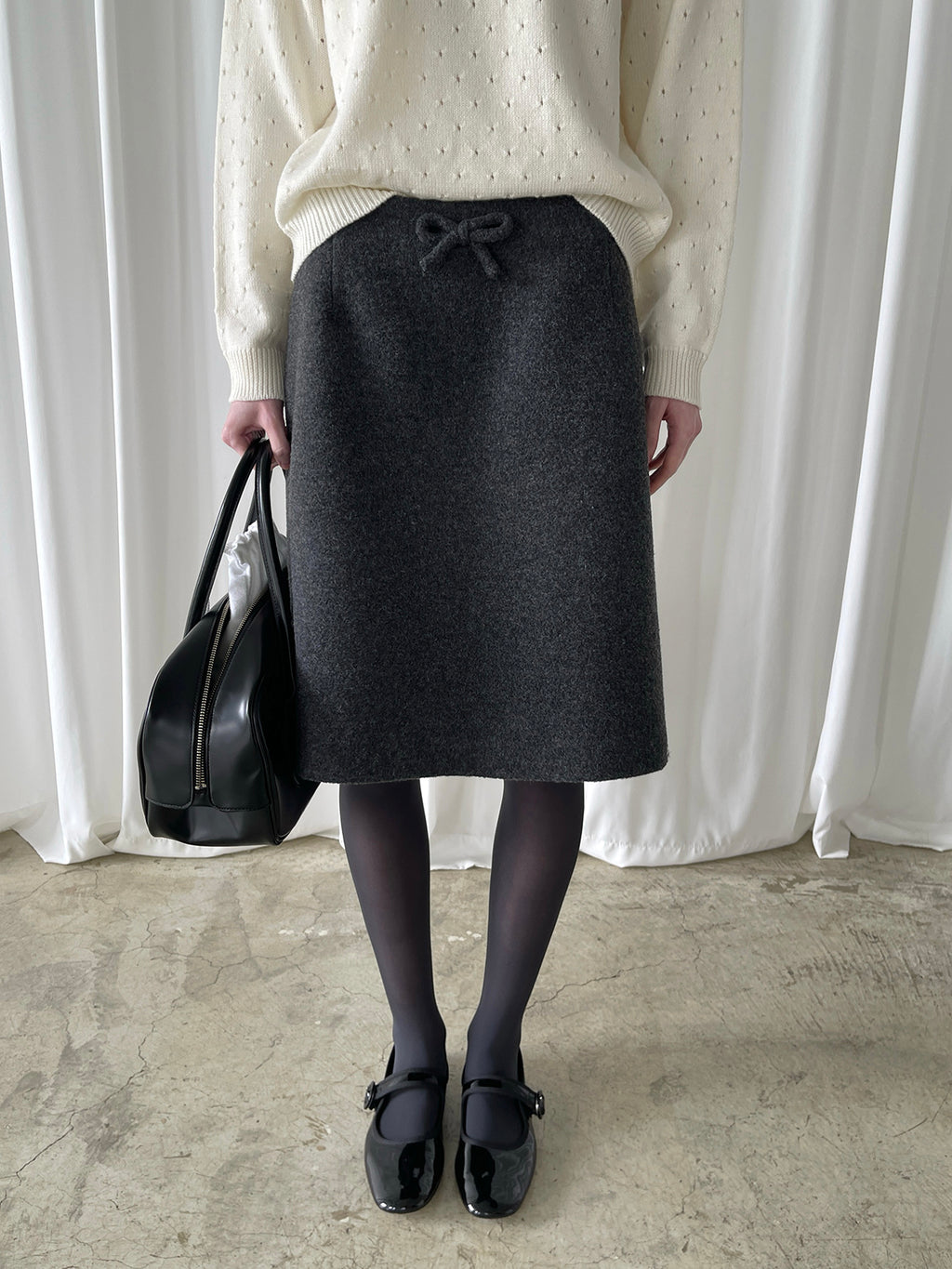 PFF GIRL Deep Gray Tweed Ribbon Highwaist Straight Fit Long Skirt