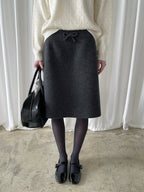 PFF GIRL Deep Gray Tweed Ribbon Highwaist Straight Fit Long Skirt