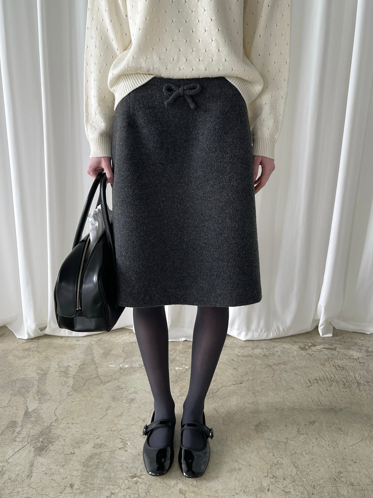 PFF GIRL Deep Gray Tweed Ribbon Highwaist Straight Fit Long Skirt