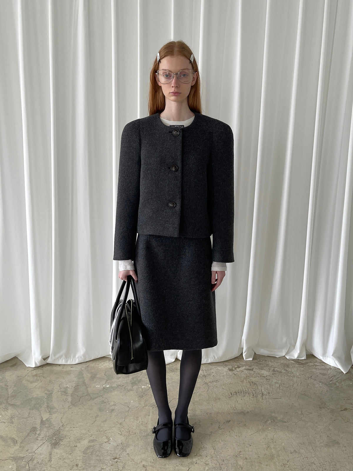 PFF GIRL Deep Gray Tweed Ribbon Highwaist Straight Fit Long Skirt