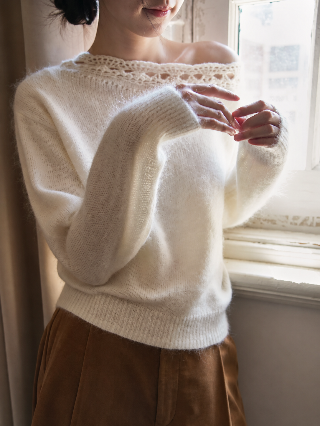 Alpaca Hand Crochet Off-Shoulder Knit Sweater