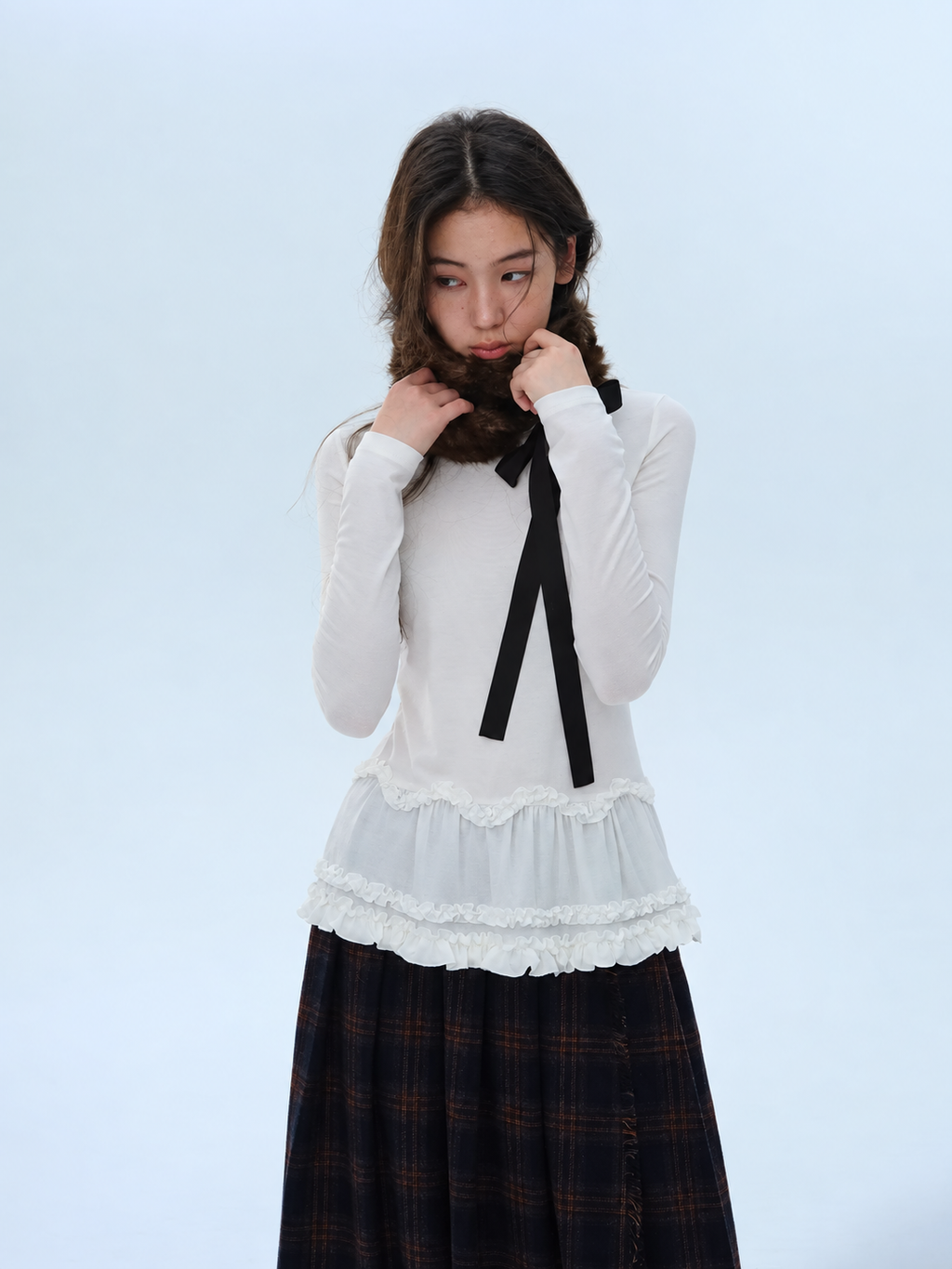 Silk Blend Ruffle Long Sleeve Neck Top