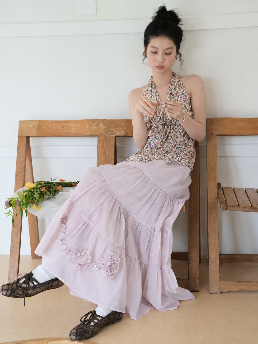 Sheer Floral Ruffle Maxi Skirt