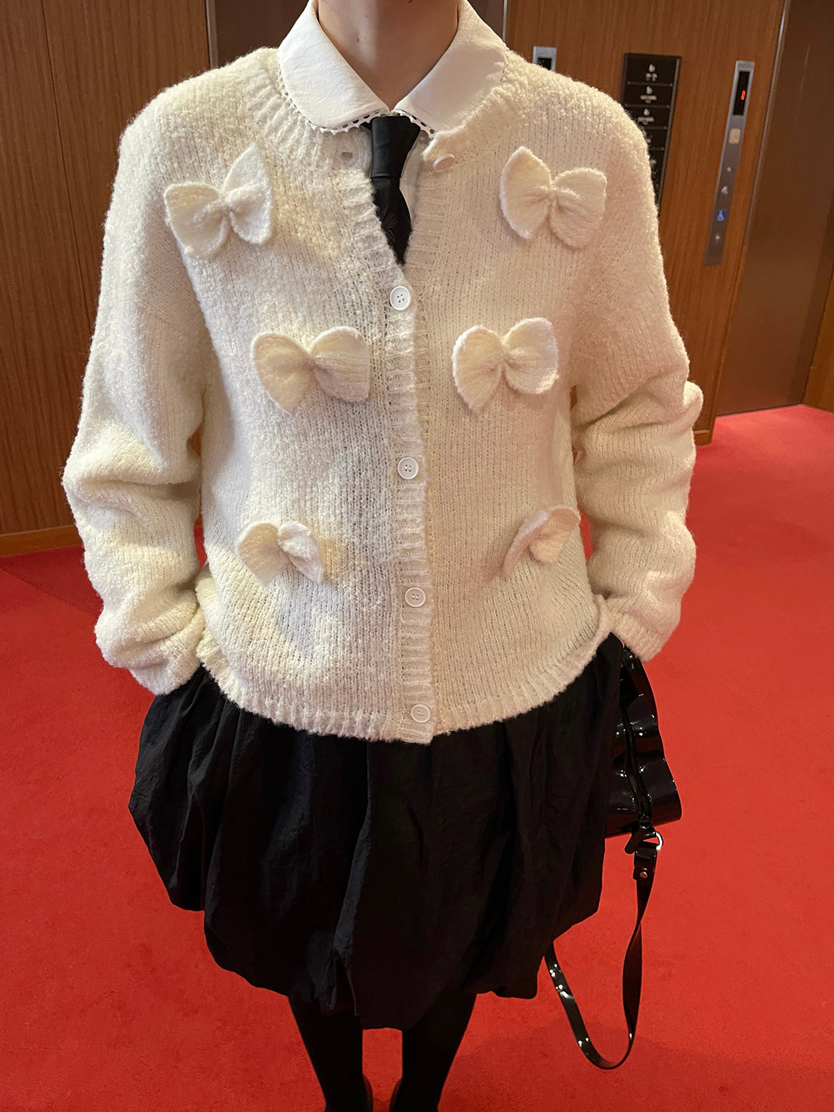 PFF GIRL Beige Ribbon Roundneck Cardigan