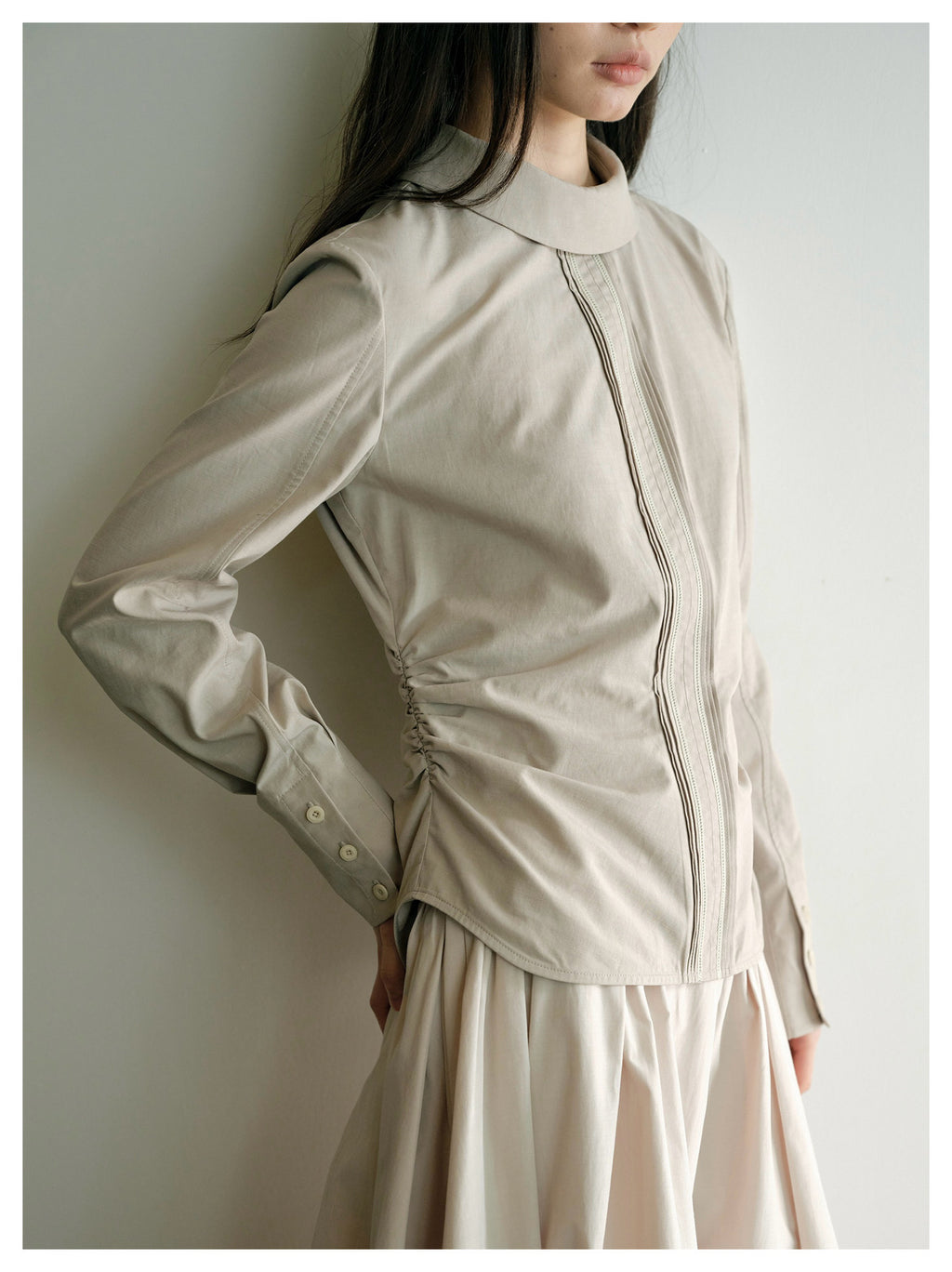 Pebble Gray Stand Collar Long Sleeve Blouse