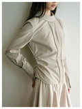 Pebble Gray Stand Collar Long Sleeve Blouse