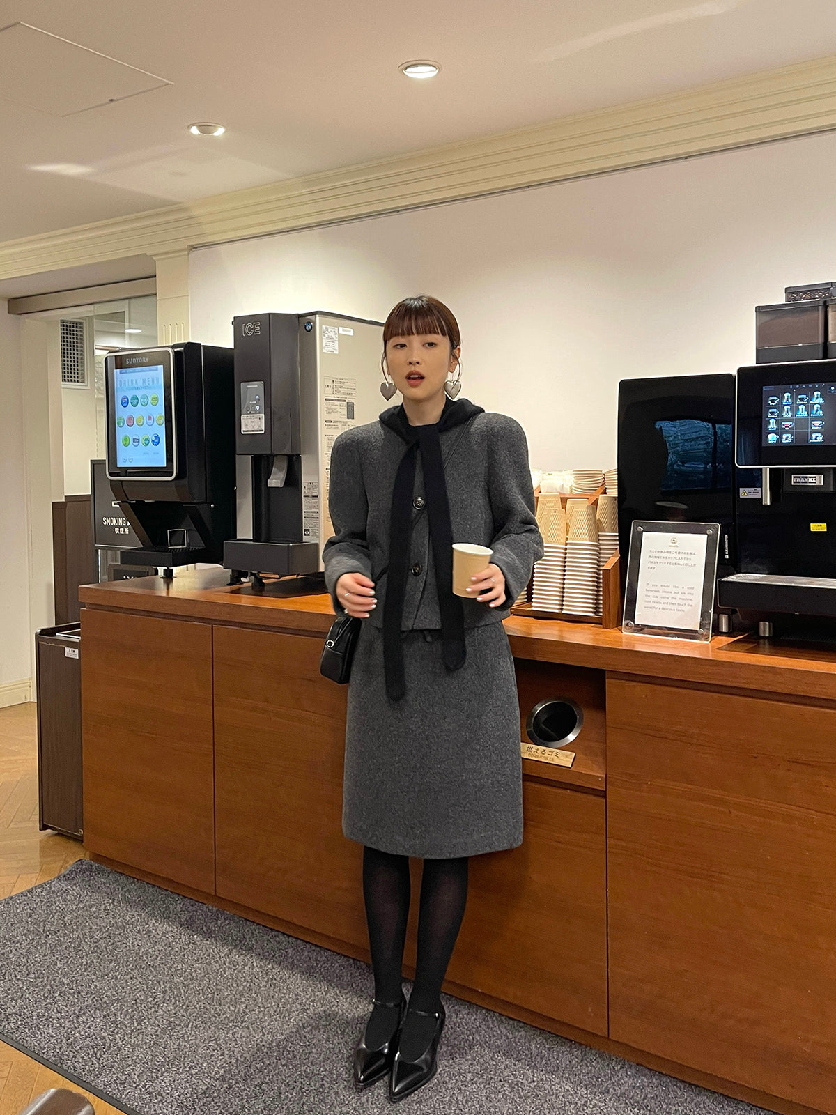 PFF GIRL Deep Gray Tweed Ribbon Highwaist Straight Fit Long Skirt