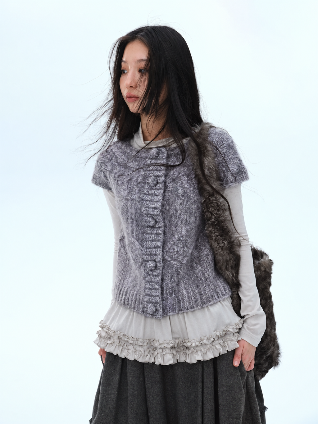 Silk Blend Ruffle Long Sleeve Neck Top