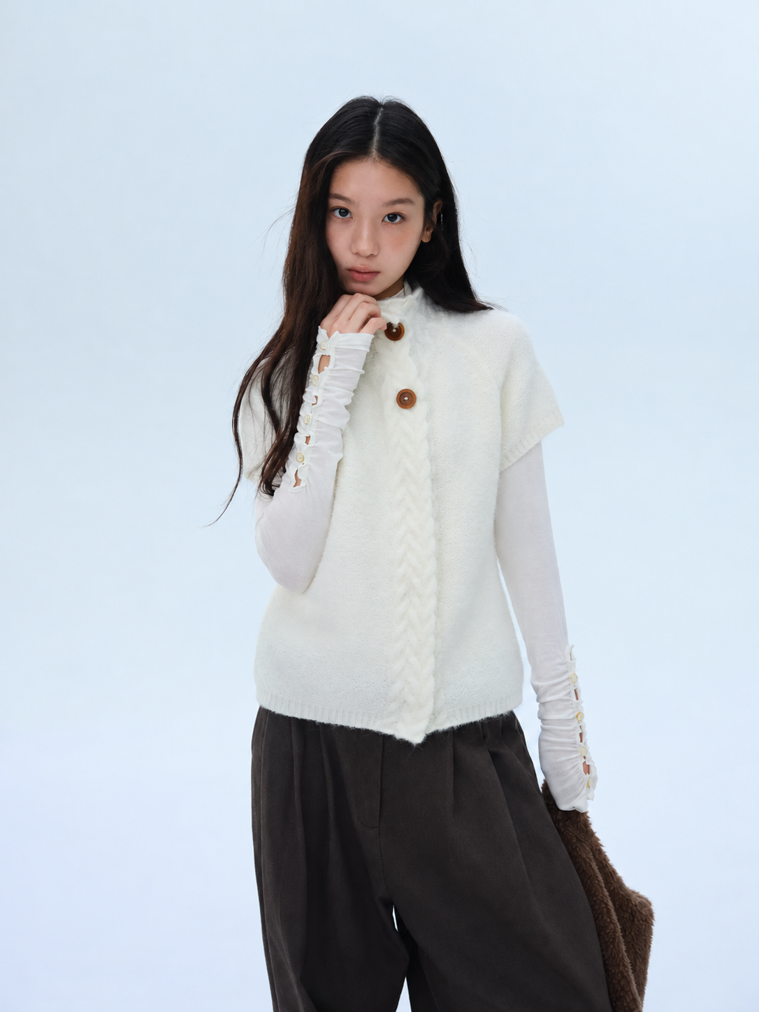 Alpaca Wool Blend Knit Neck Short Sleeve Sweater