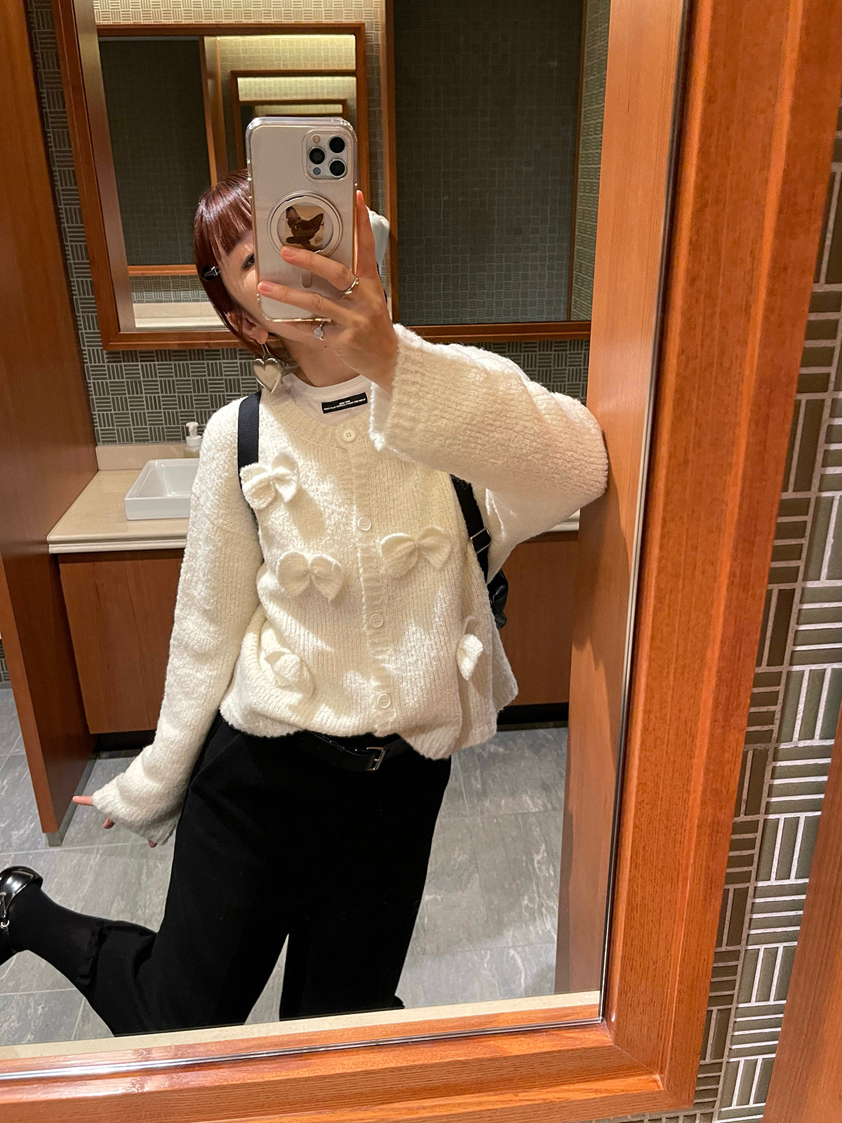 PFF GIRL Beige Ribbon Roundneck Cardigan