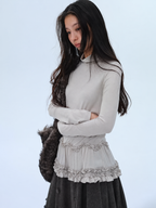 Silk Blend Ruffle Long Sleeve Neck Top