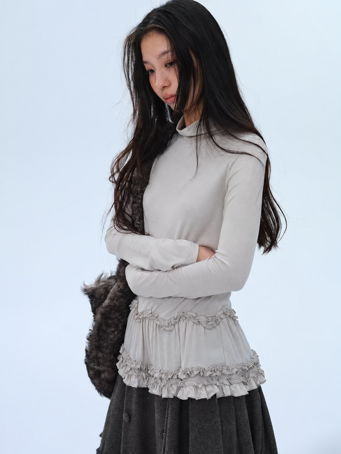 Silk Blend Ruffle Long Sleeve Neck Top
