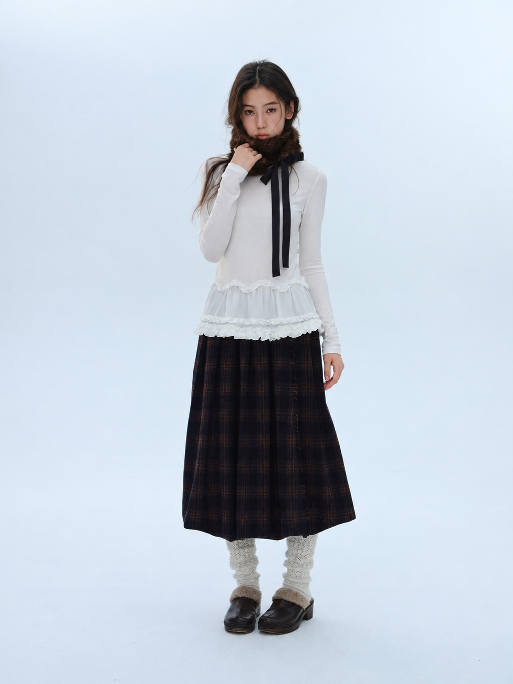 Silk Blend Ruffle Long Sleeve Neck Top