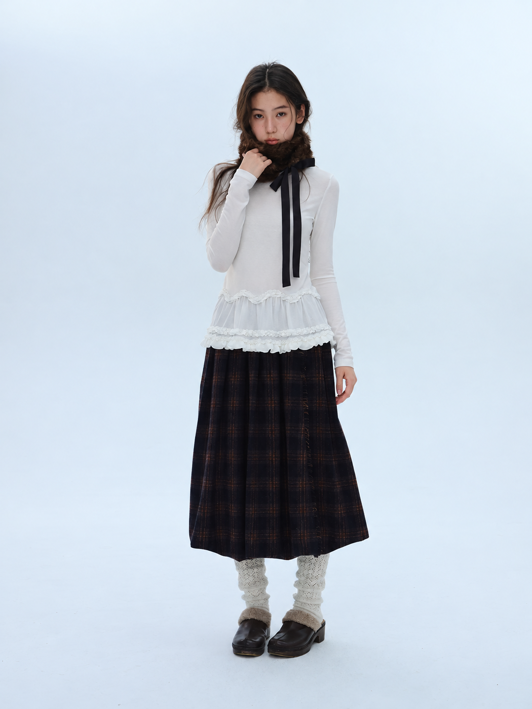 Silk Blend Ruffle Long Sleeve Neck Top