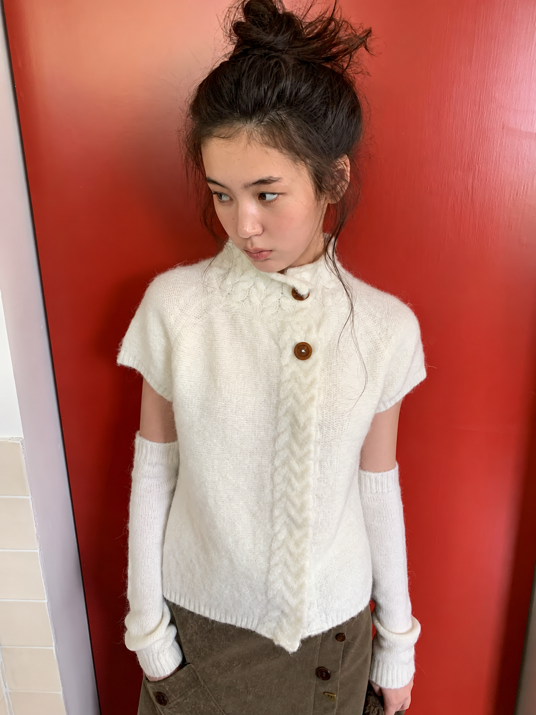 Alpaca Wool Blend Knit Neck Short Sleeve Sweater