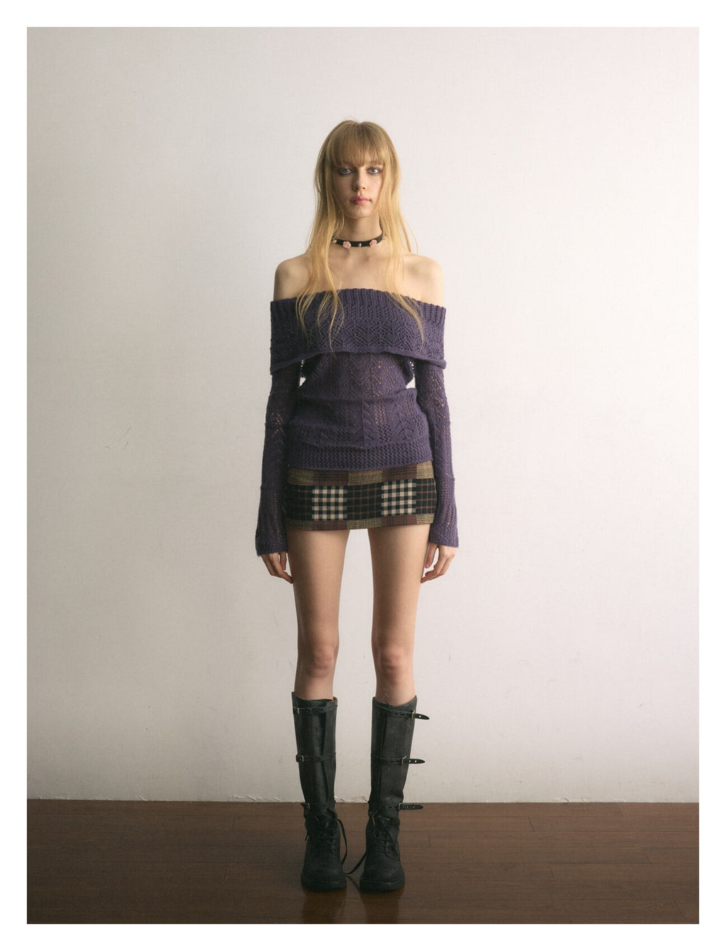 Vivid Purple Off-Shoulder Openwork Knit Top