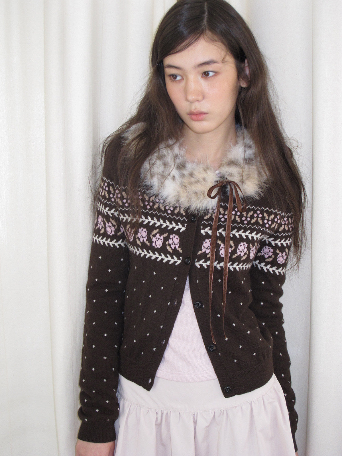 Pink and Coffee Rose Wool Blend Cardigan