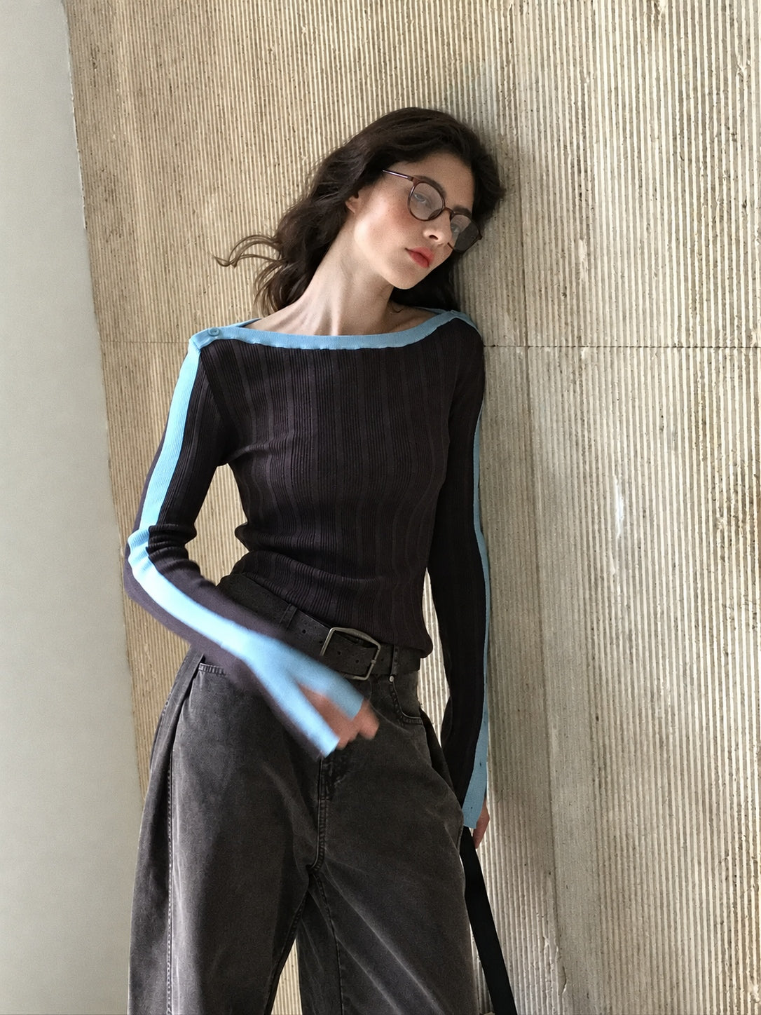 Contrast Ribbed Off Shoulder Knit Top