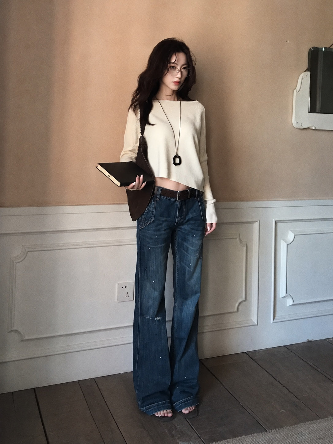 Vintage Washed Distressed Flared Jeans