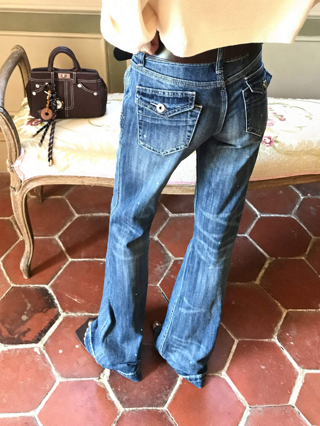 Vintage Washed Distressed Flared Jeans