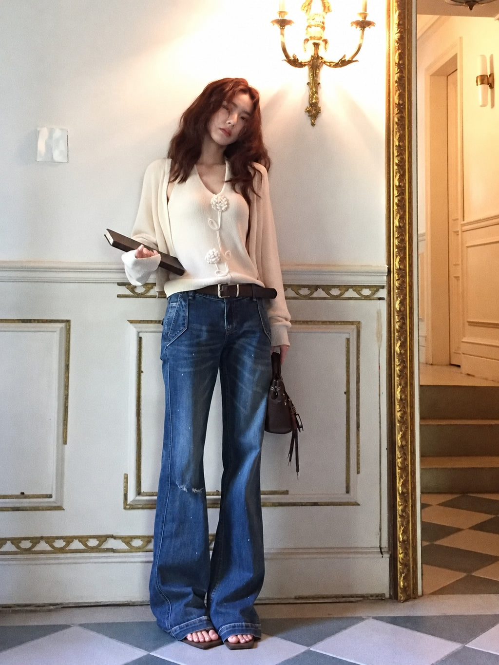 Vintage Washed Distressed Flared Jeans