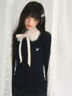 Cable Knit Top with Detachable Fur Collar