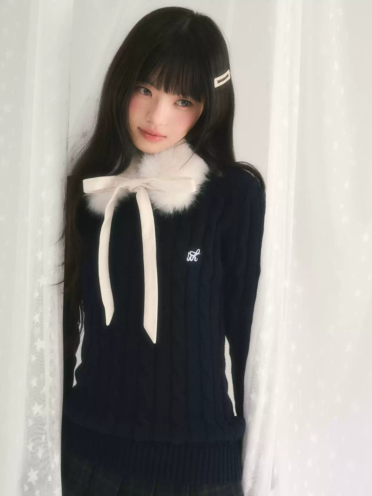 Cable Knit Top with Detachable Fur Collar