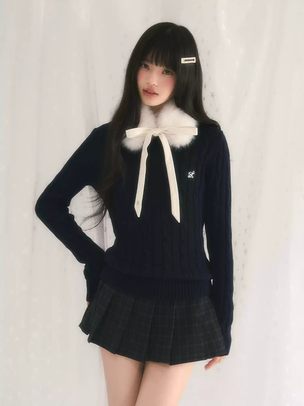 Cable Knit Top with Detachable Fur Collar