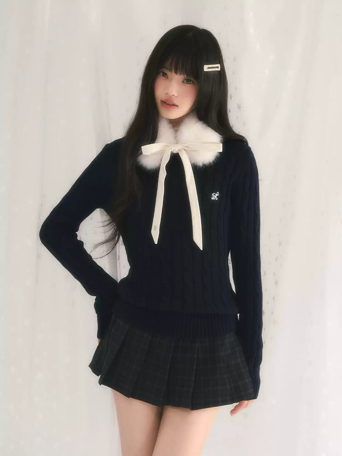Cable Knit Top with Detachable Fur Collar