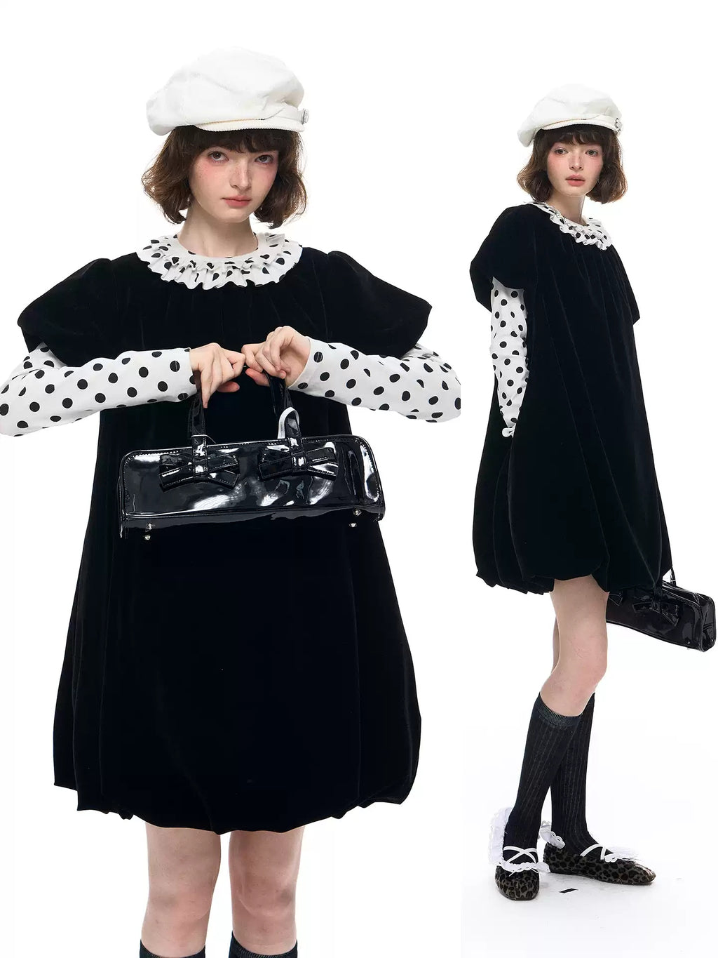 Velvet Puff Sleeve Bubble Hem Dress