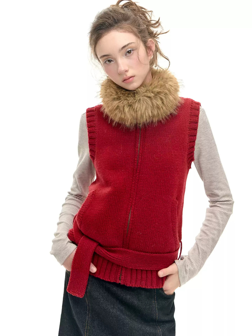 Knit Vest with Detachable Fur Collar