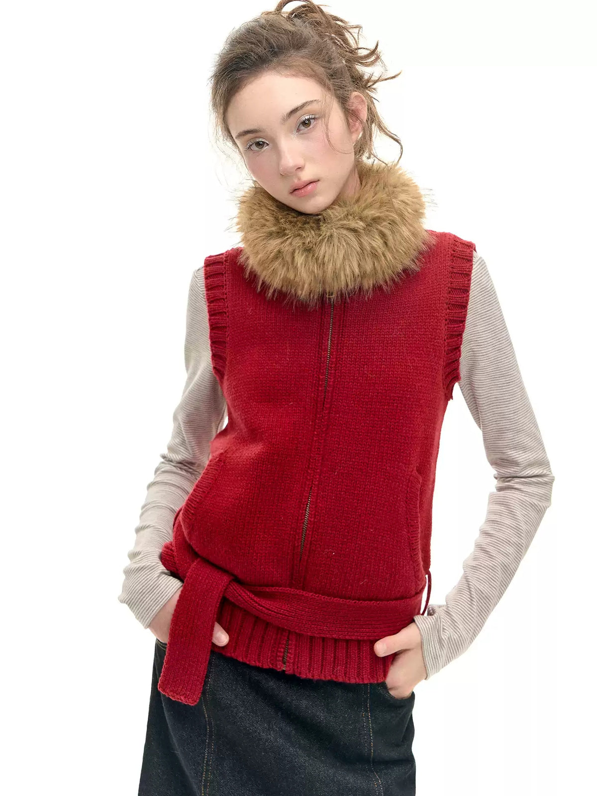Knit Vest with Detachable Fur Collar