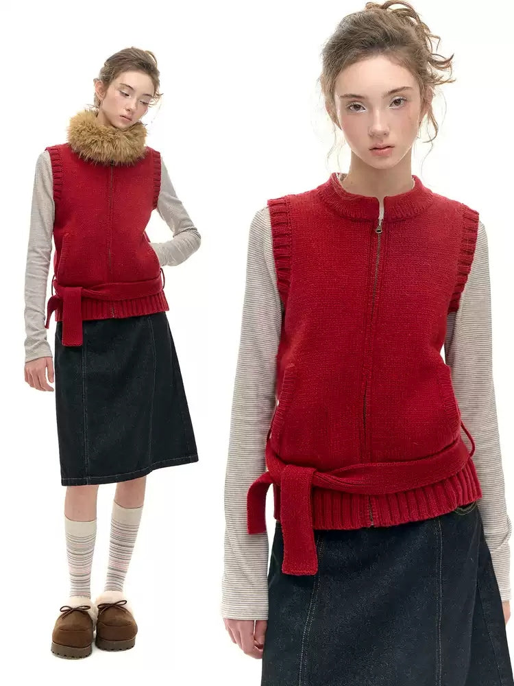 Knit Vest with Detachable Fur Collar