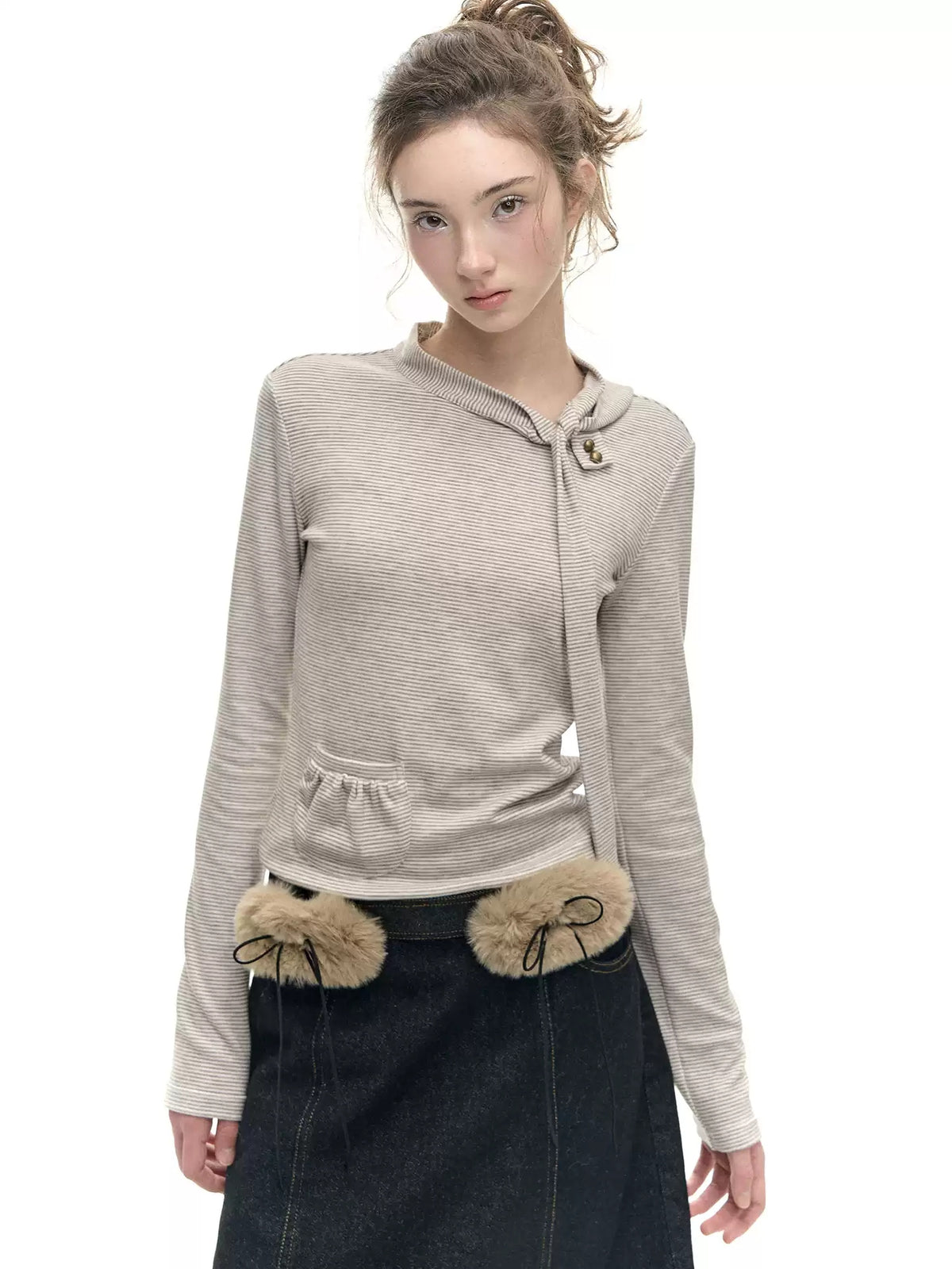 Striped Tie Neck Long Sleeve Top