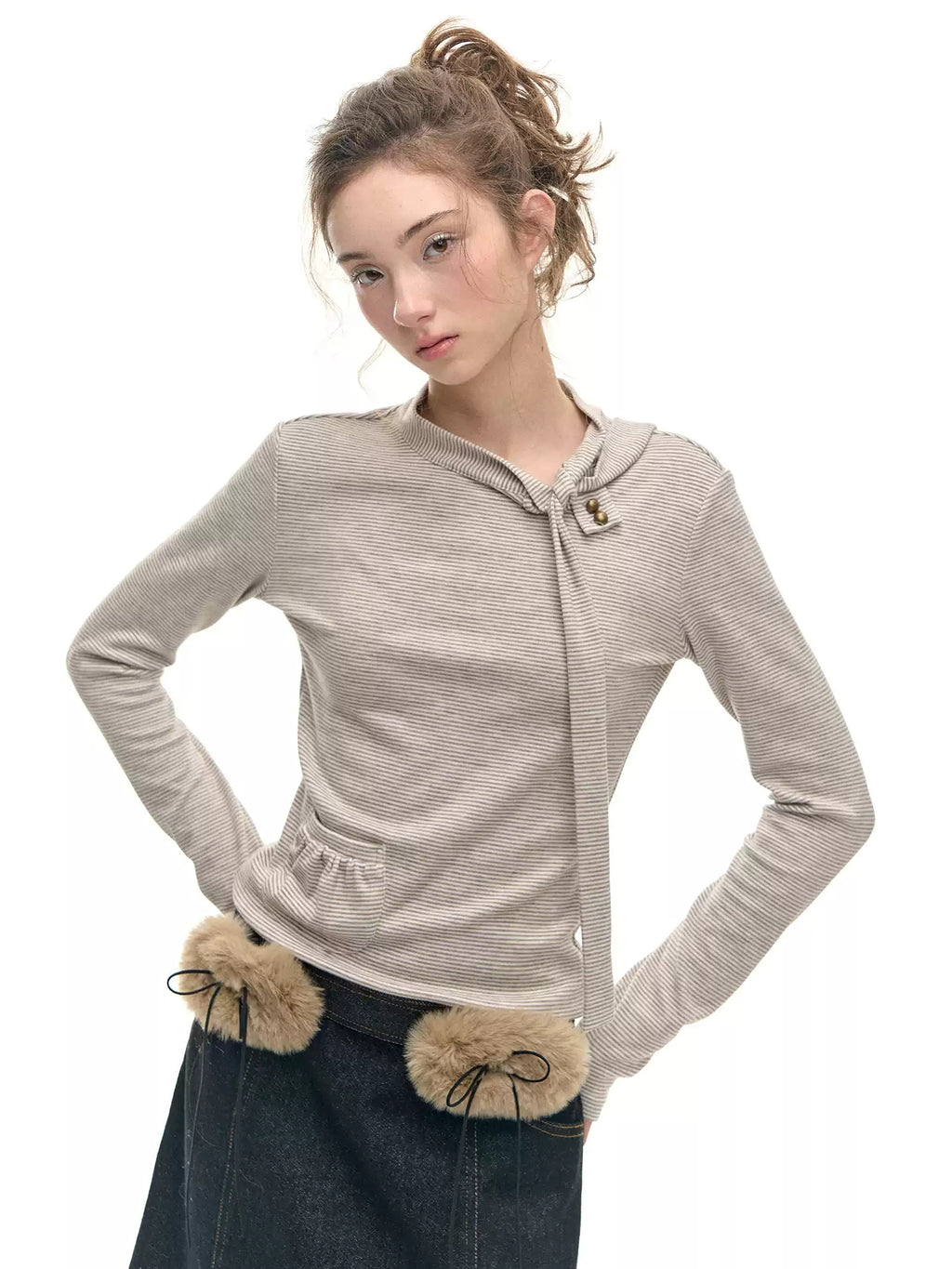 Striped Tie Neck Long Sleeve Top