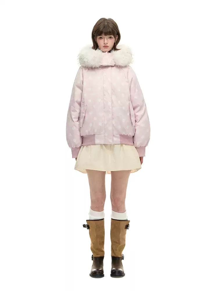 Polka Dot Down Jacket with Fur Collar