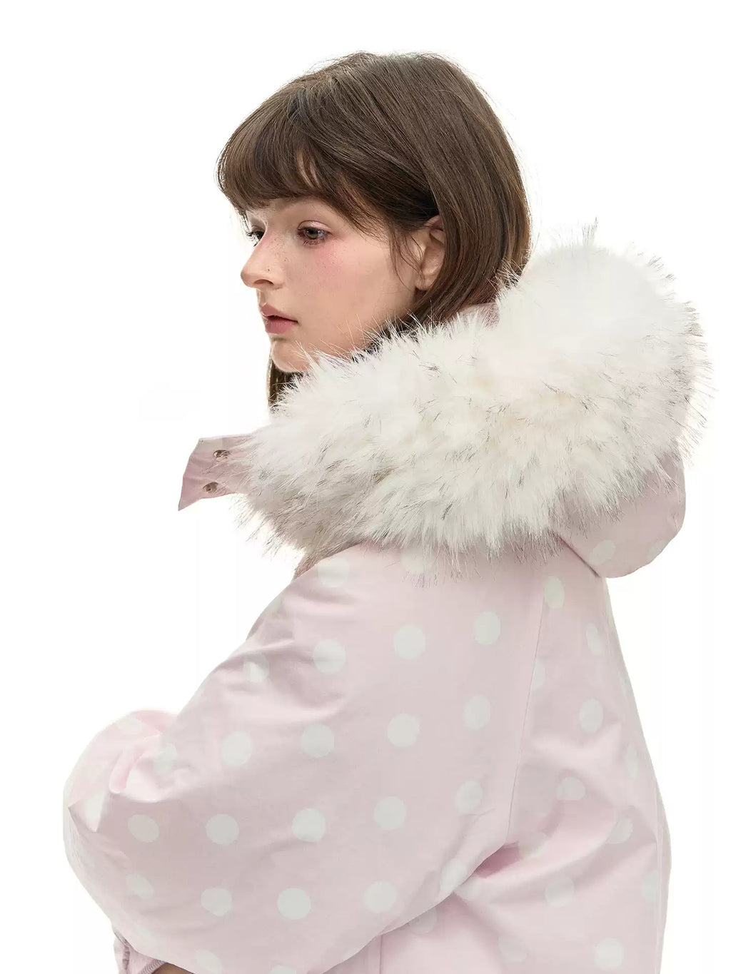 Polka Dot Down Jacket with Fur Collar