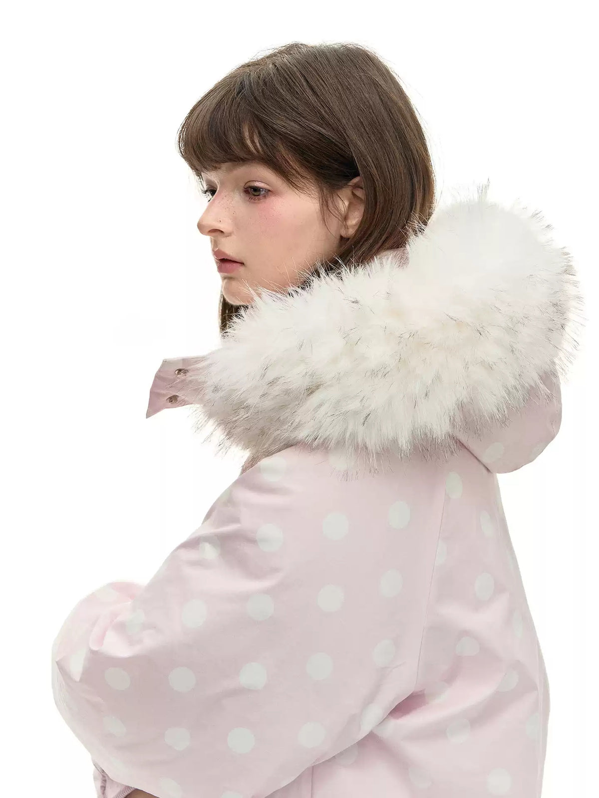 Polka Dot Down Jacket with Fur Collar