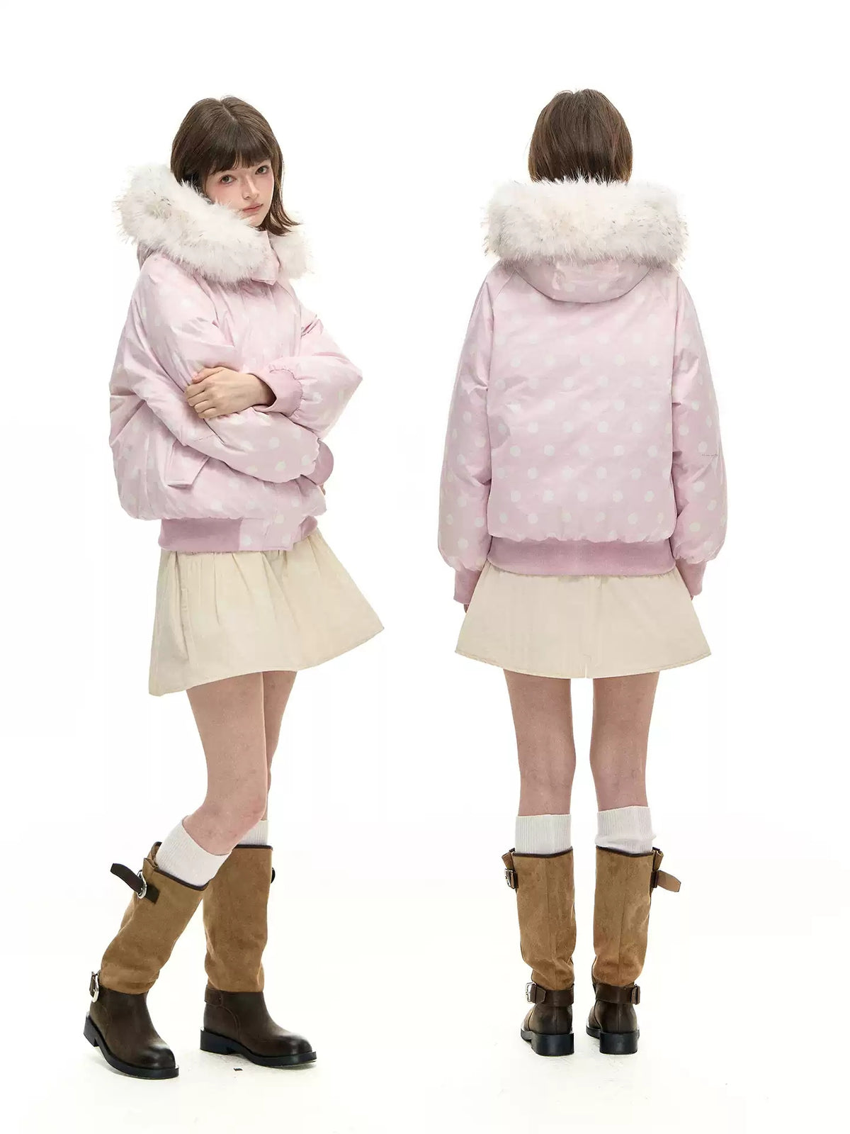 Polka Dot Down Jacket with Fur Collar