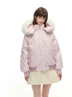 Polka Dot Down Jacket with Fur Collar