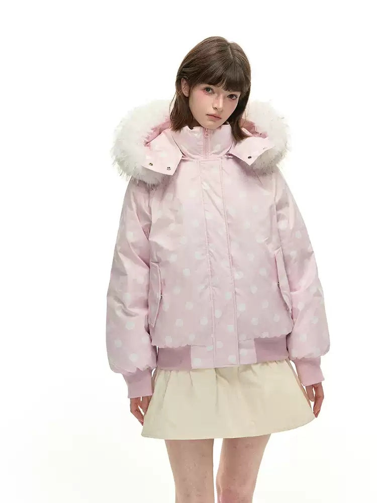 Polka Dot Down Jacket with Fur Collar
